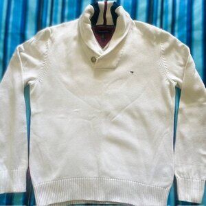 Vtg Tommy Hilfiger Mens Sweater Jersey Large White Shawl Collar Striped Read
